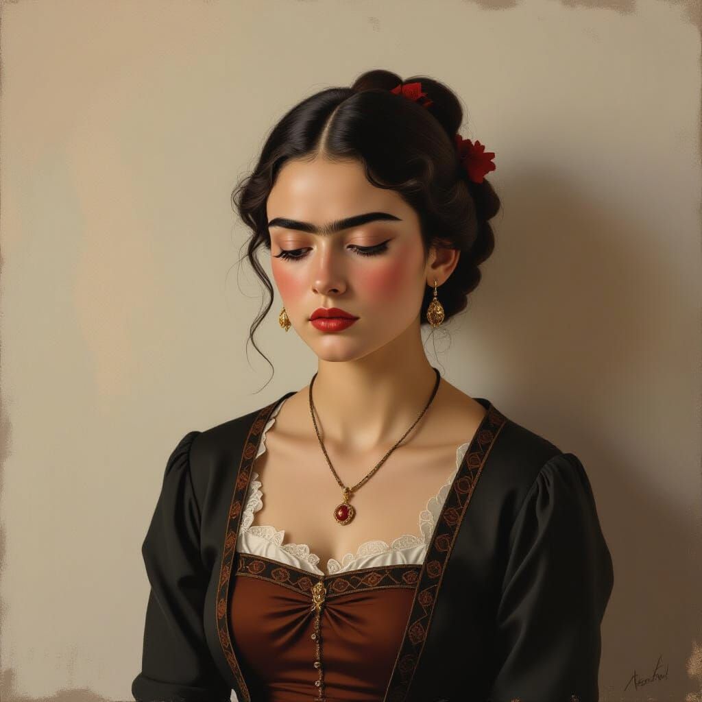 Apprehensive Woman in Elegant Outfit, Kahlo-Schiele Style