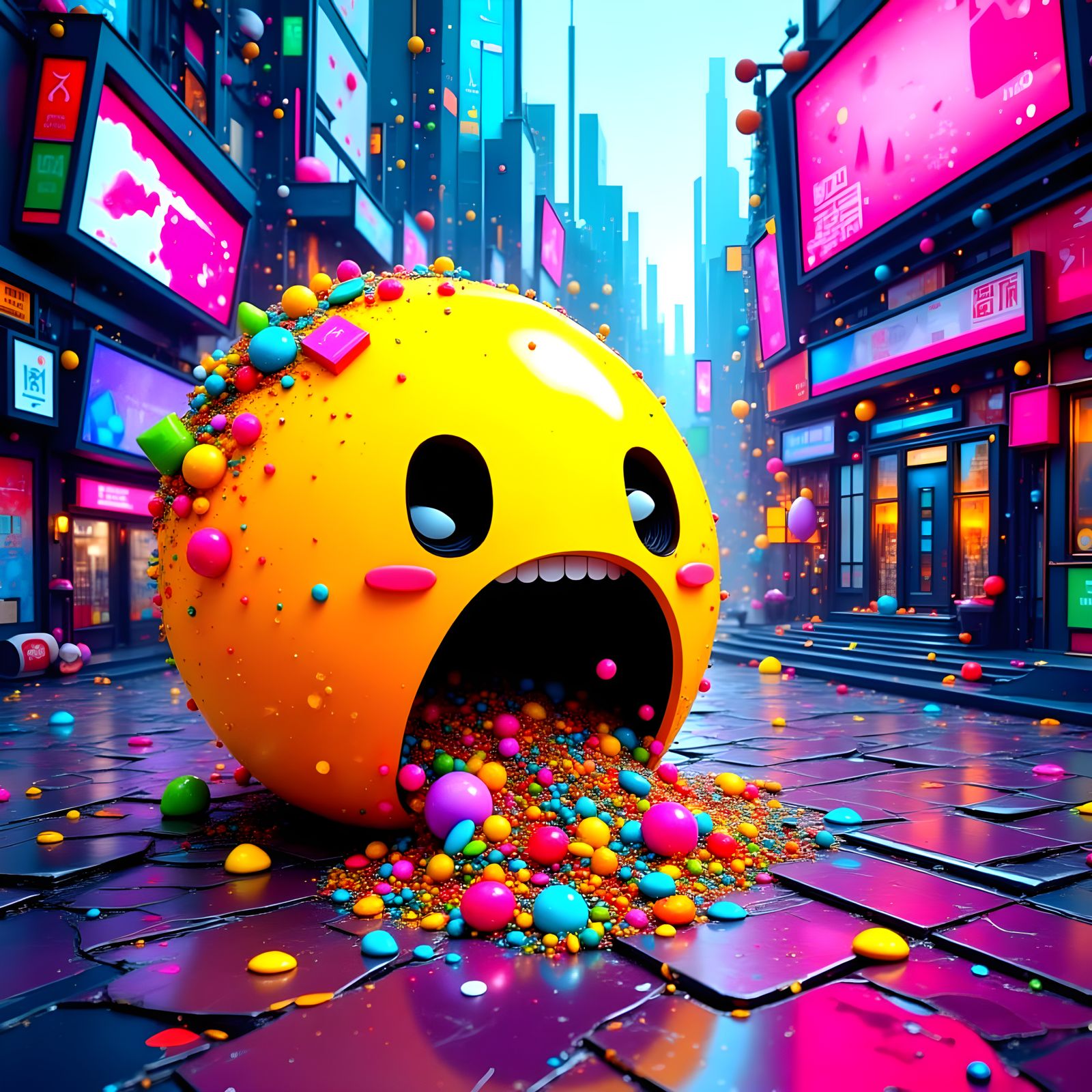 Vibrant Anime Vomiting Scene in Surreal Dystopian Style