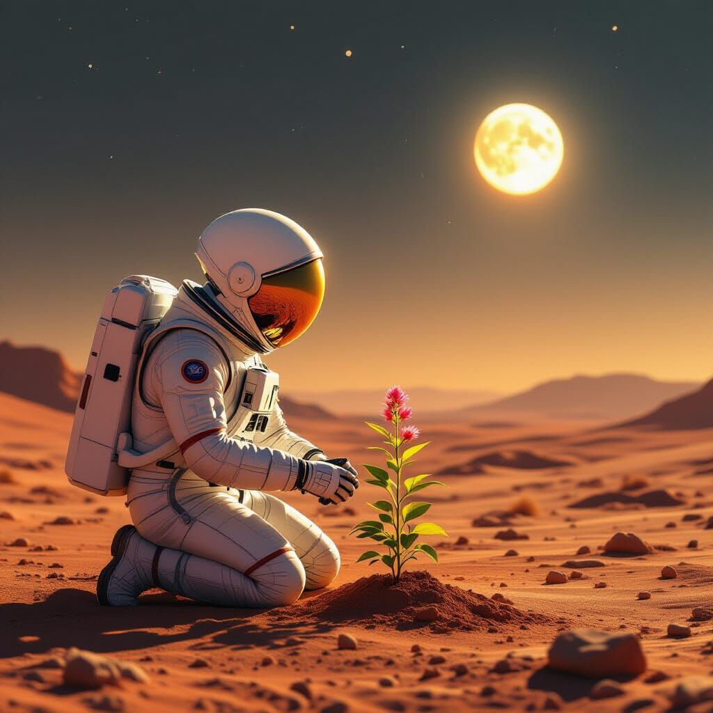 Astronaut Tends Alien Plant on Mars with Earthrise Glow