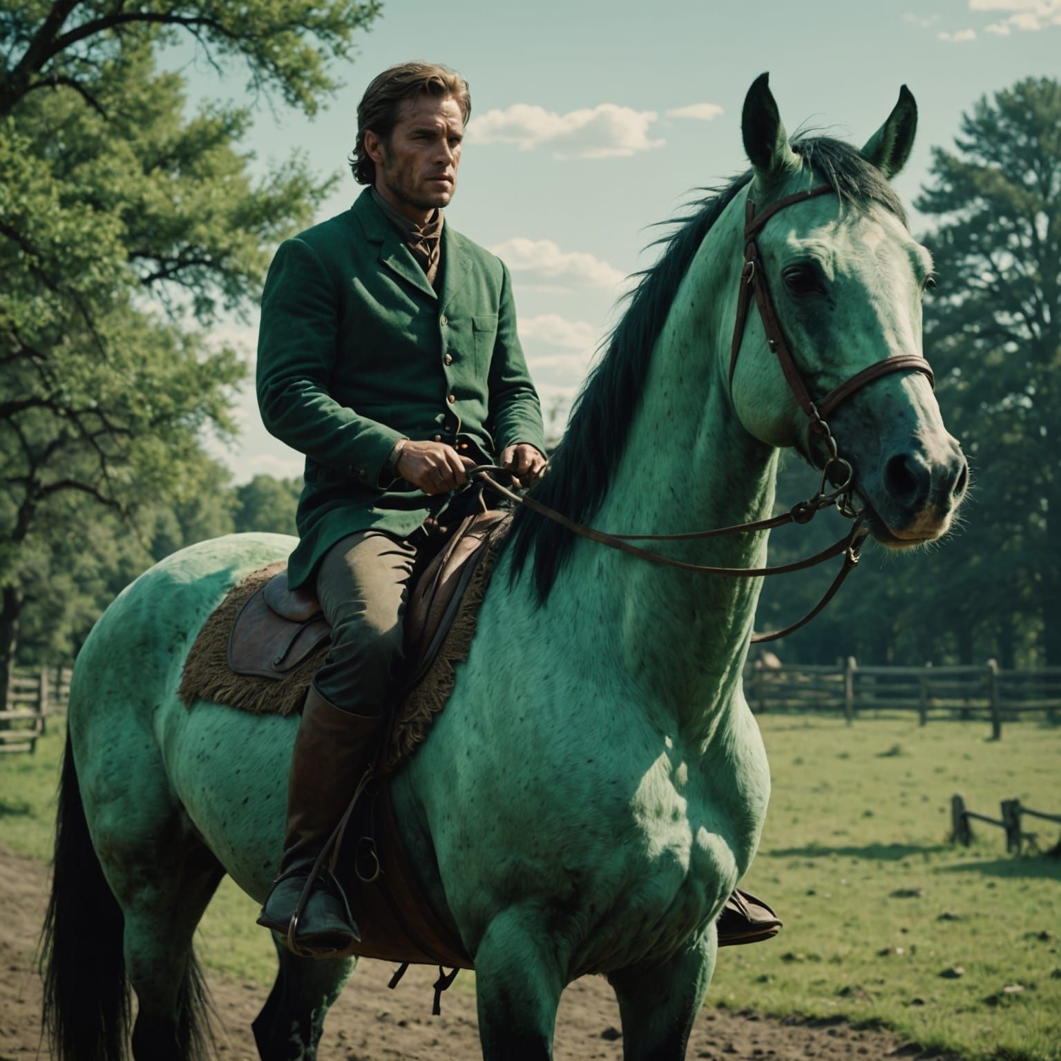 Pale Green Stallion Riding Death in Cinematic Film Still