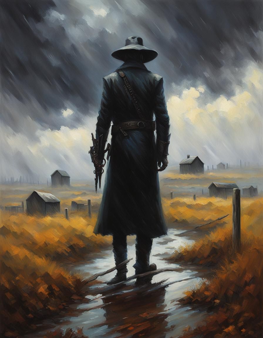 Sinister Shadowy Man in Rainy Field