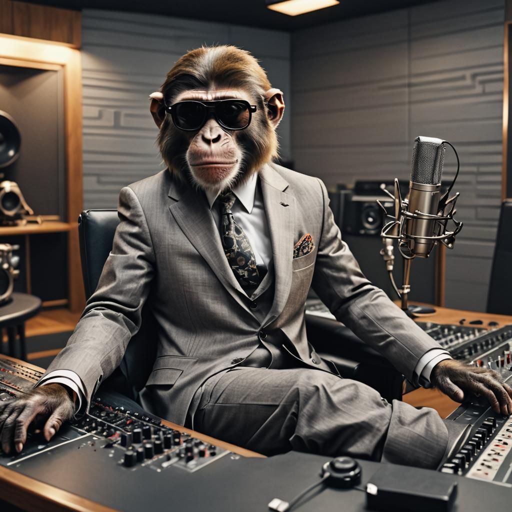 Monkey in Suit: Hyperrealistic Recording Studio Portrait