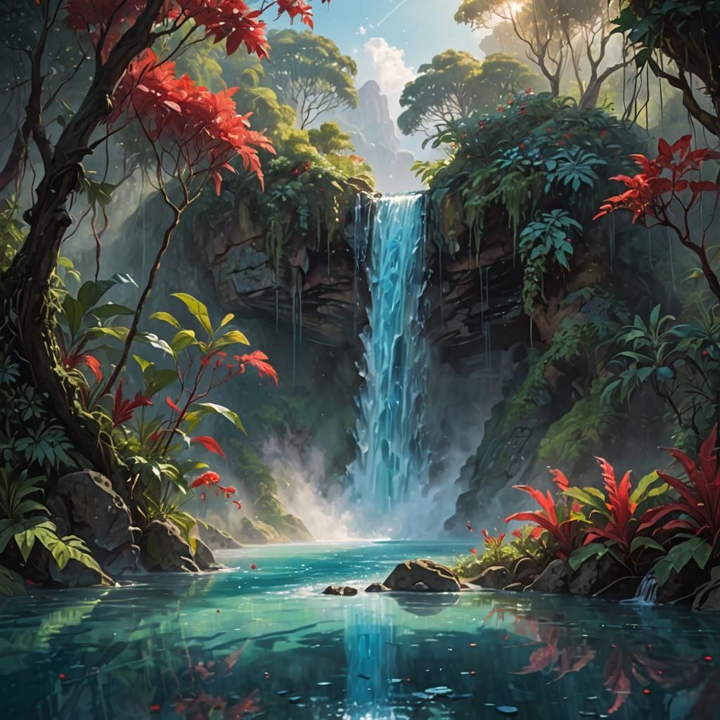 Mystical Waterfall Scene in Dreamlike Digital Art