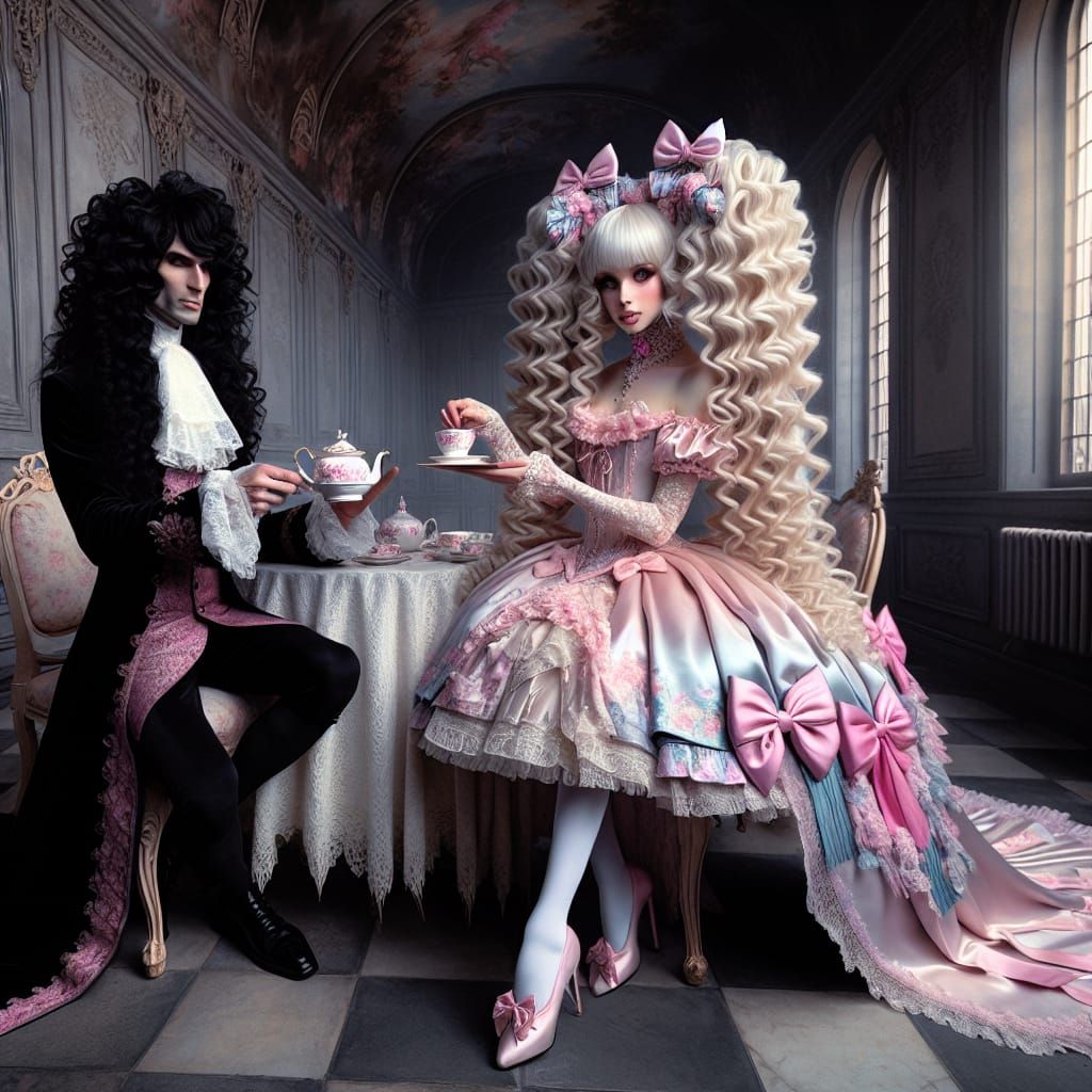 Elegant Vampire Lord Served Tea by His Curly Haired Bride in...