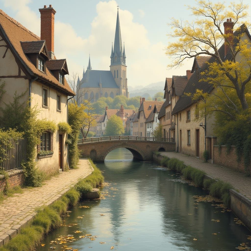 Charming Village Stream in Impressionistic Style