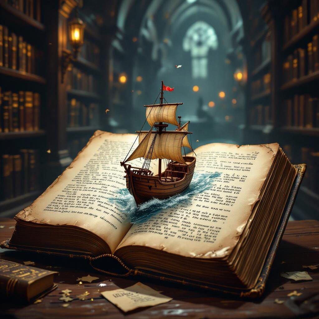 Miniature Ship Sails Through Open Book in Grand Library
