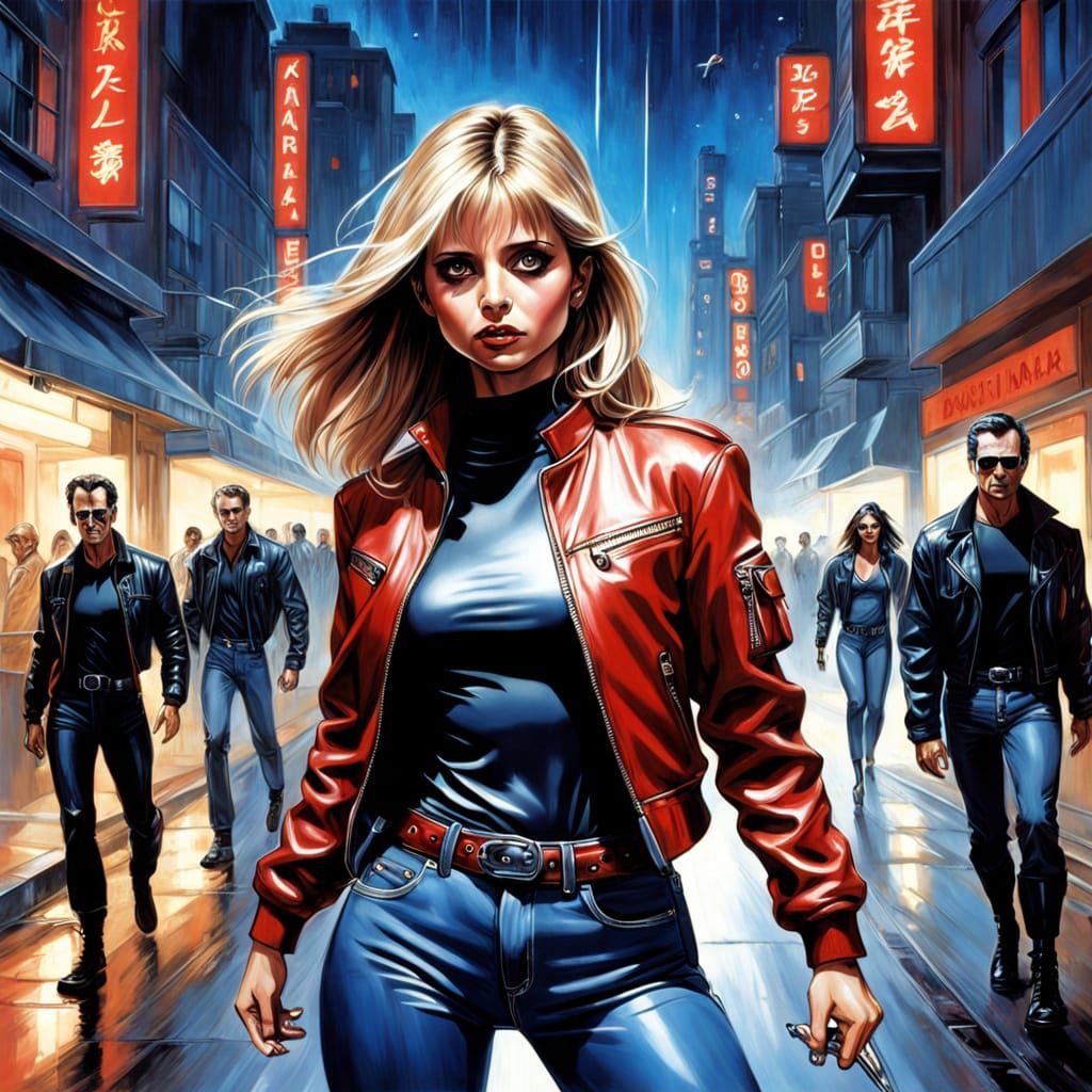 Retro-Futuristic Vampire Hunter in Oil Painting Style