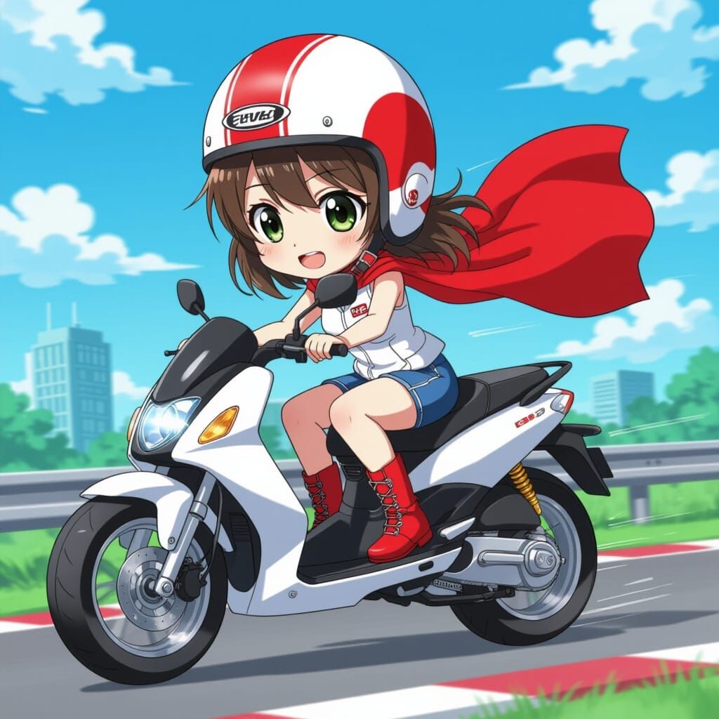 Chibi Girl Rides Motorbike in Anime Style