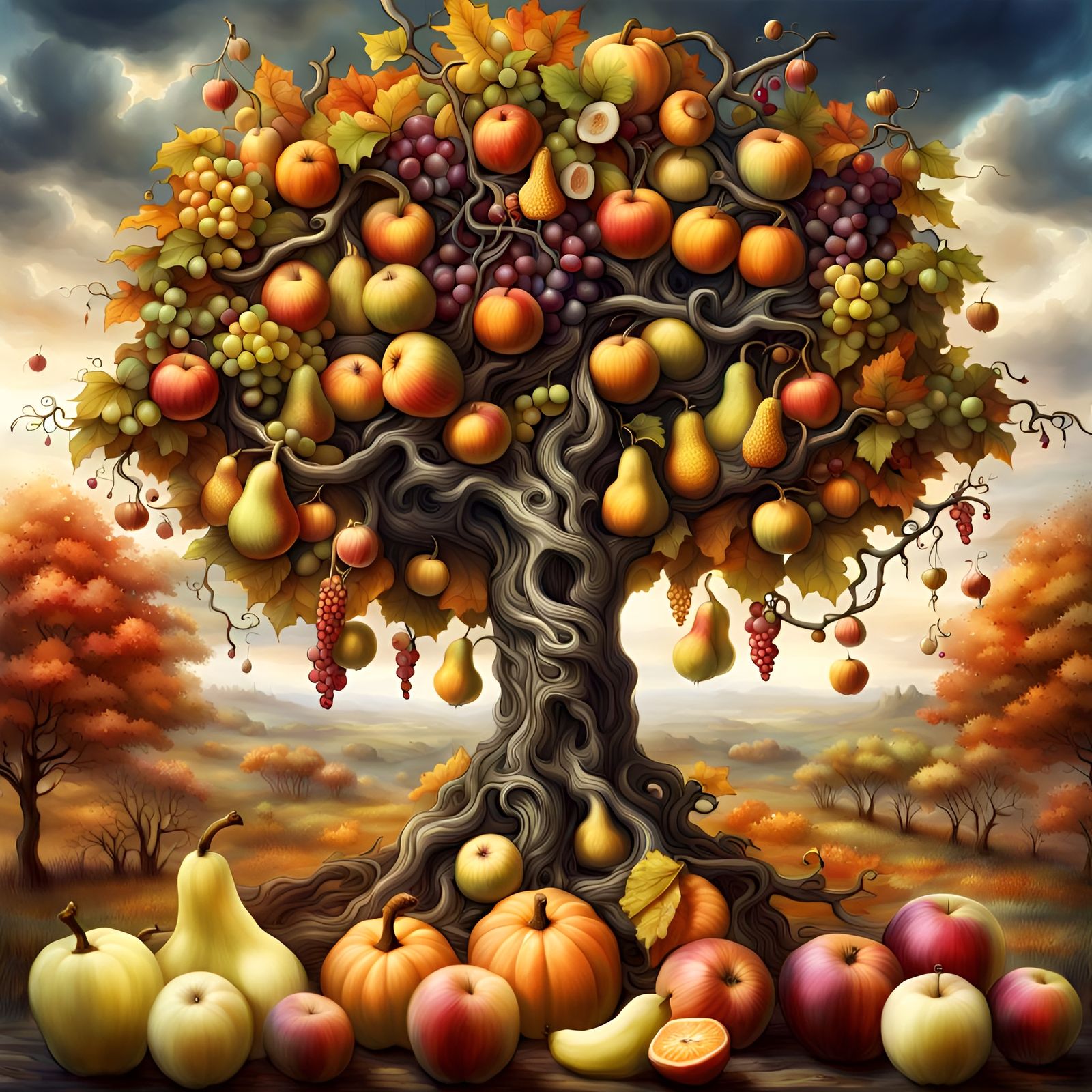 Colorful Autumn Tree with Fruits Digital Illustration