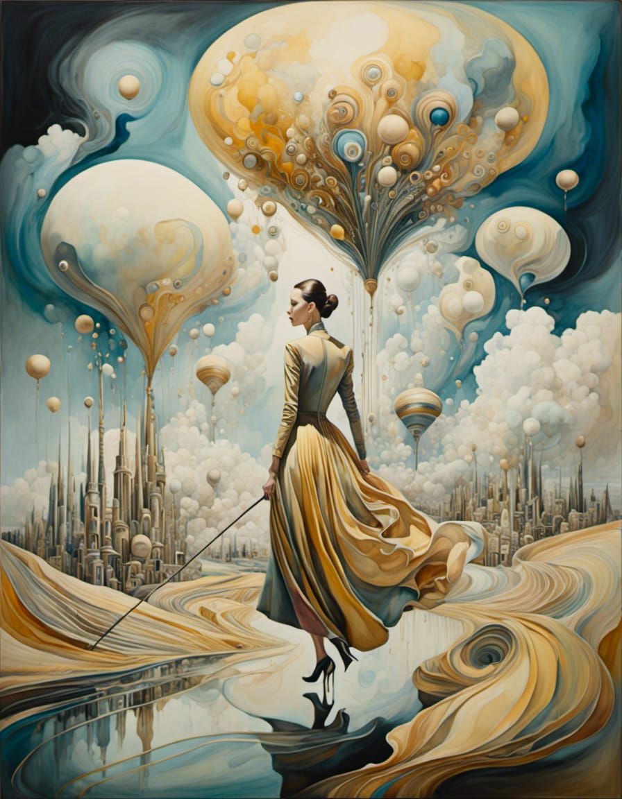 Surreal Woman Walks in Dreamlike Cityscape