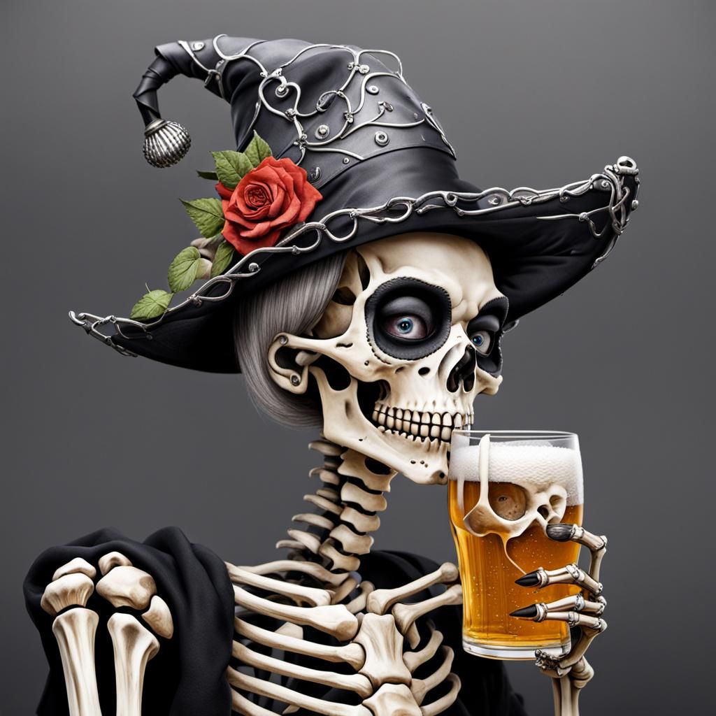 Sassy Skeleton Lady Enjoys a Beer