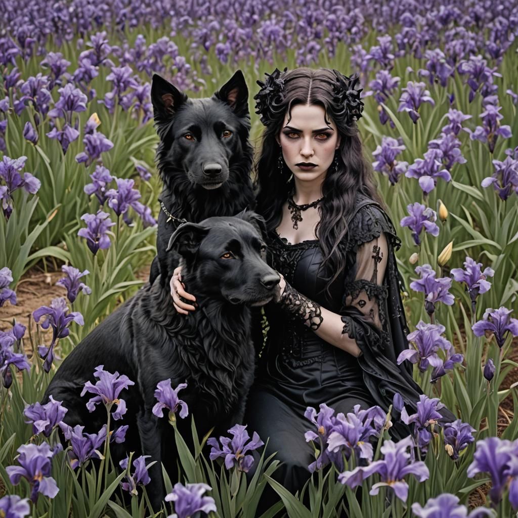 Gothic Persephone with Cerberus in Iris Field