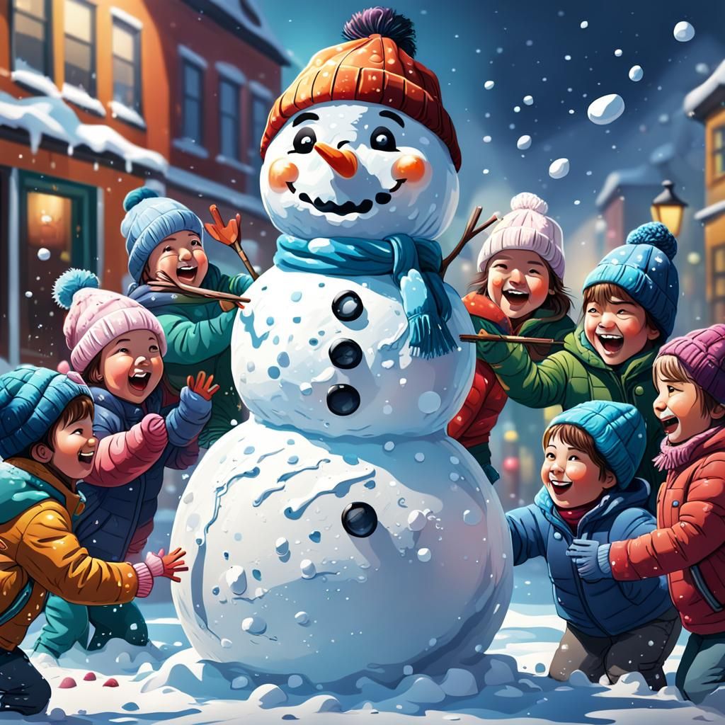 Snowman Playing with Kids: Hyperrealistic Splash Art