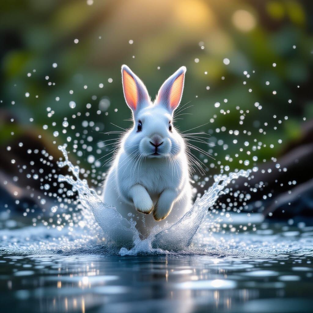 Hyperrealistic White Rabbit Leaping Through Water Burst