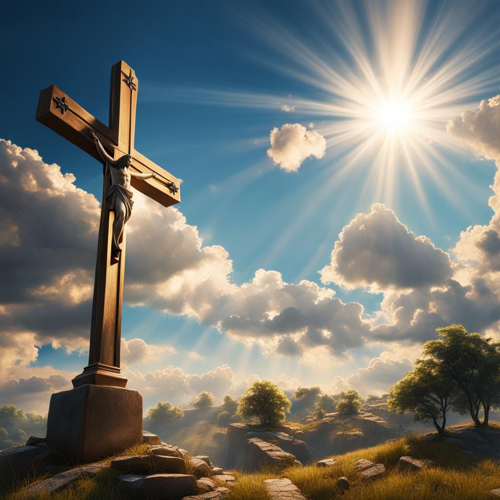 Hyperrealistic Jesus on Cross Under Sunny Sky