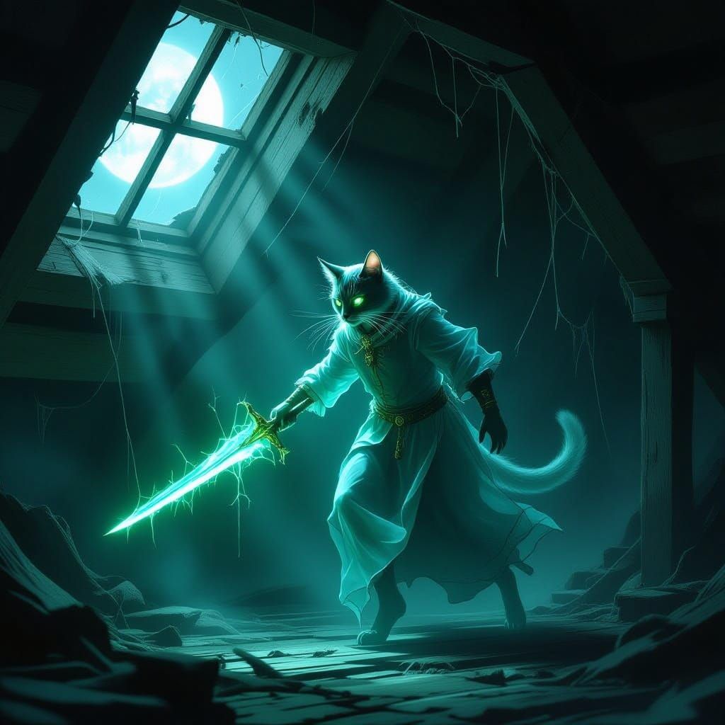 Ethereal Cat Ghost with Spectral Dagger in Gothic Attic