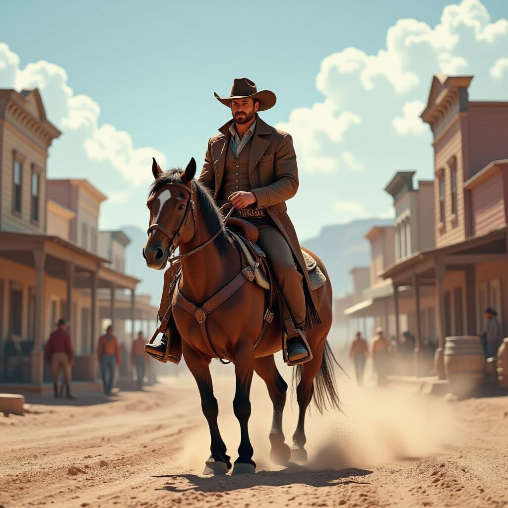 Cowboy Rides Through 1700s Wild West Town