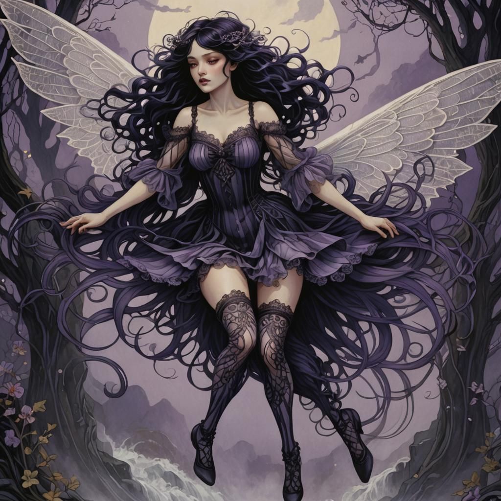 Gothic Fairy with Lacy Wings in Art Nouveau Style