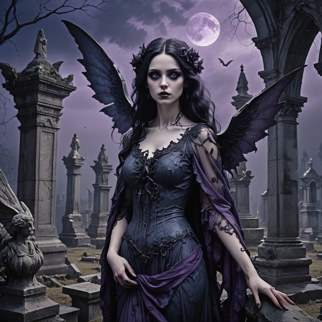Gothic Fairy in Graveyard with Lacy Wings