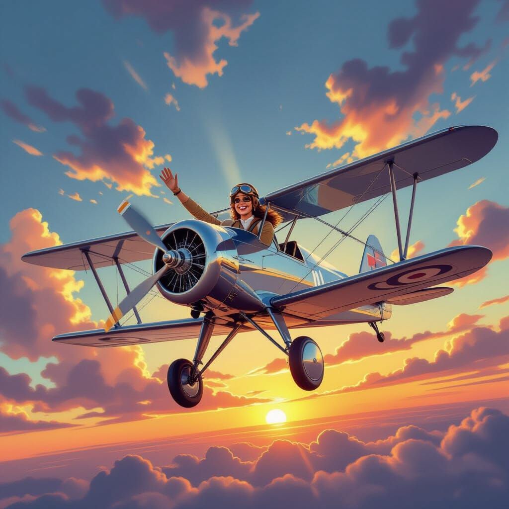 Vintage Biplane Soars into Sunset Sky