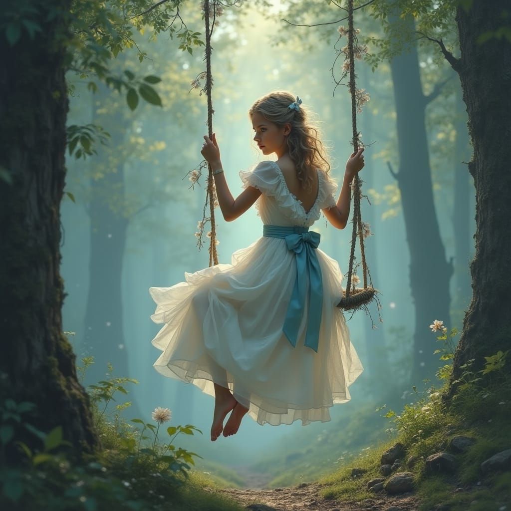 Victorian Girl on Rope Swing in Impressionistic Forest