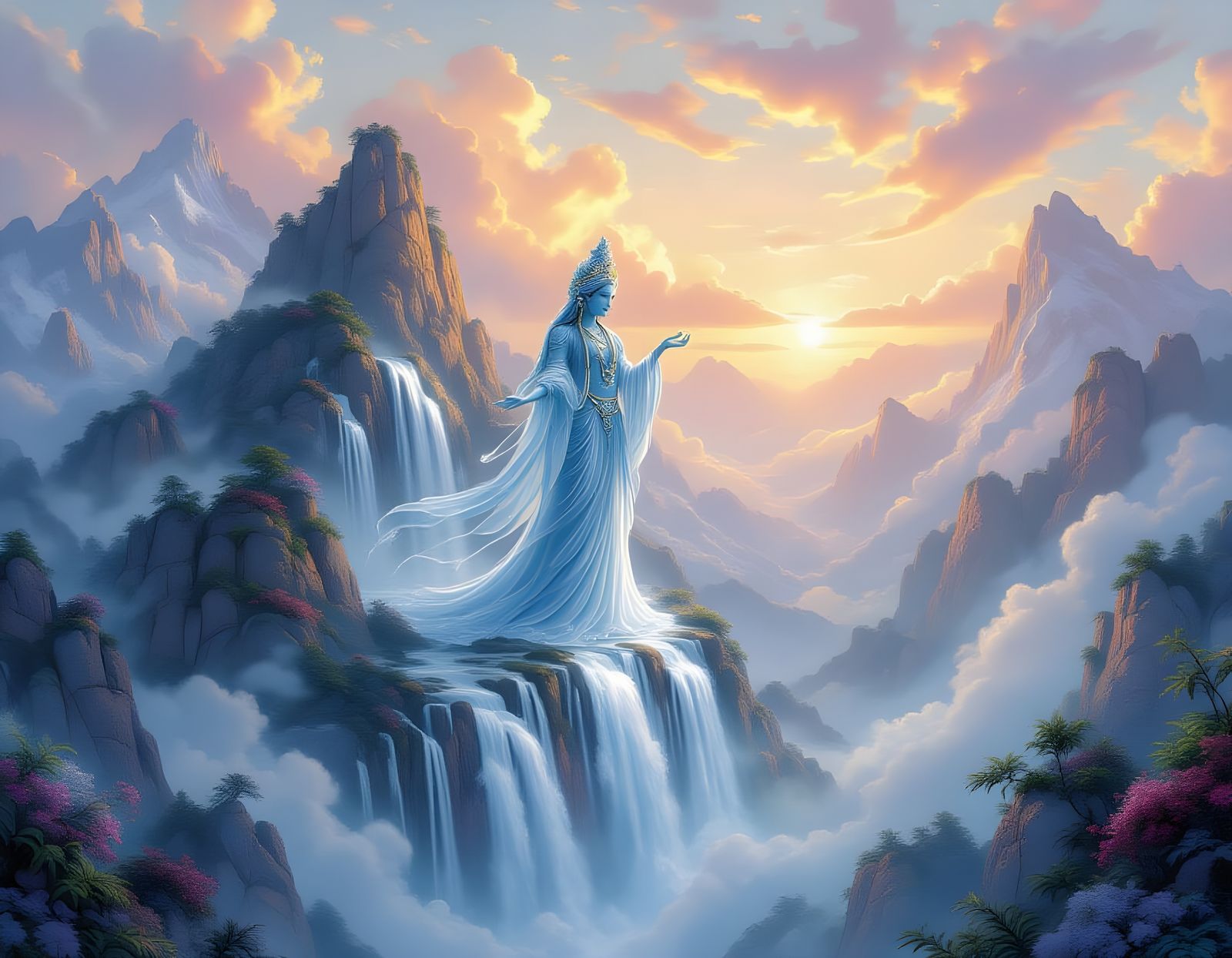 Water Deity Becomes Waterfall: Ethereal Fantasy