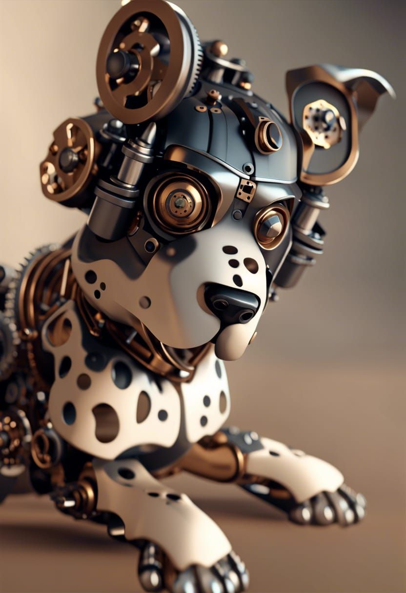 Playful Steampunk Puppy Running in Futuristic City