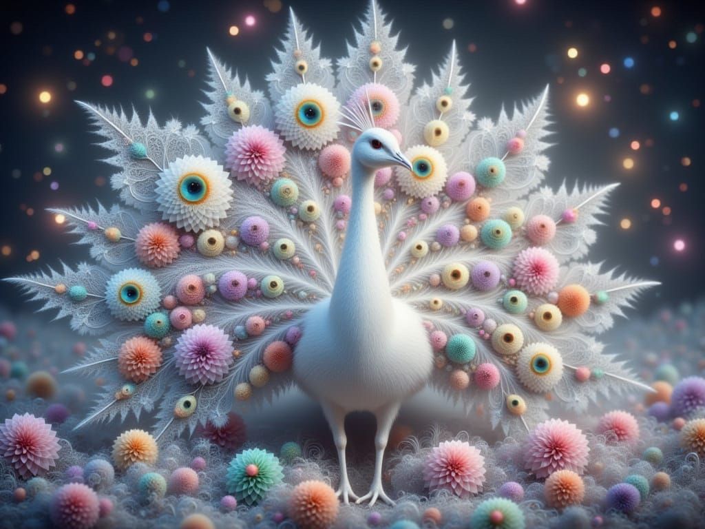 Regal White Peacock in Fractal Lace Style
