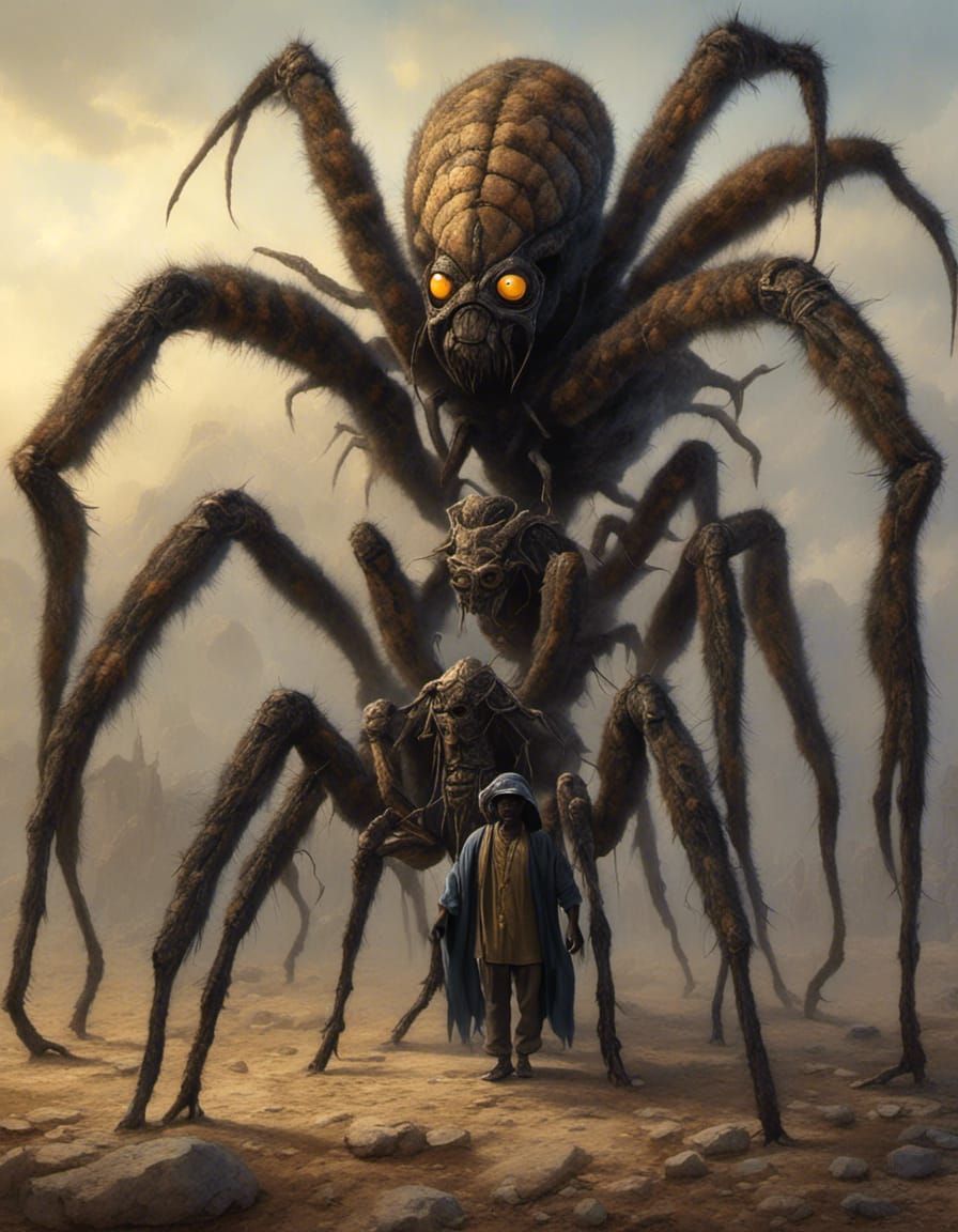 <lora:Creature2:1.0> <lora:Diversity:1.0> African spider-god Anansi. An African man with spider legs and arms and eyes. ...