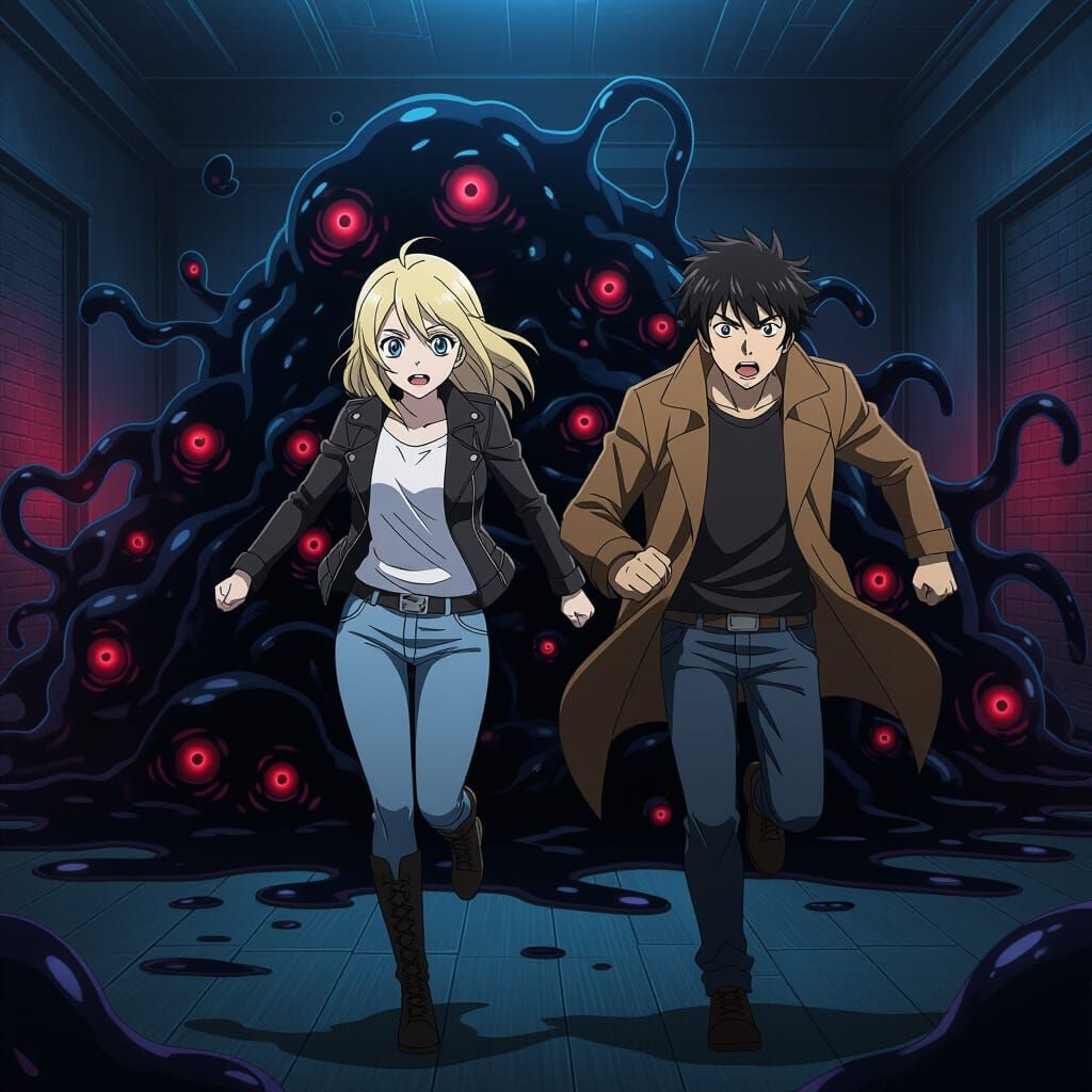 Anime Couple Flees Slime Monster in Dramatic Anime Art