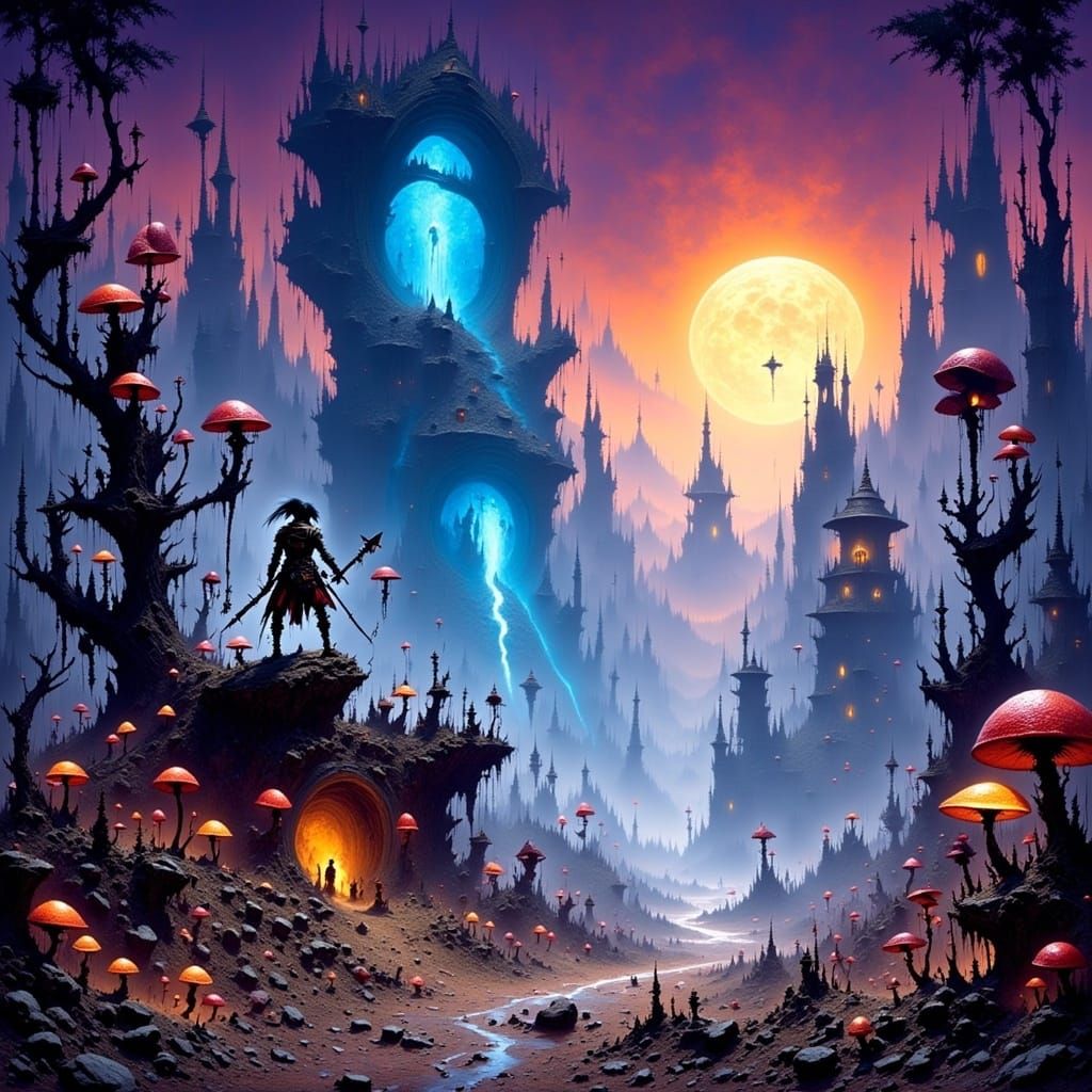 Heroic Warrior in Mystical Landscape with Portal