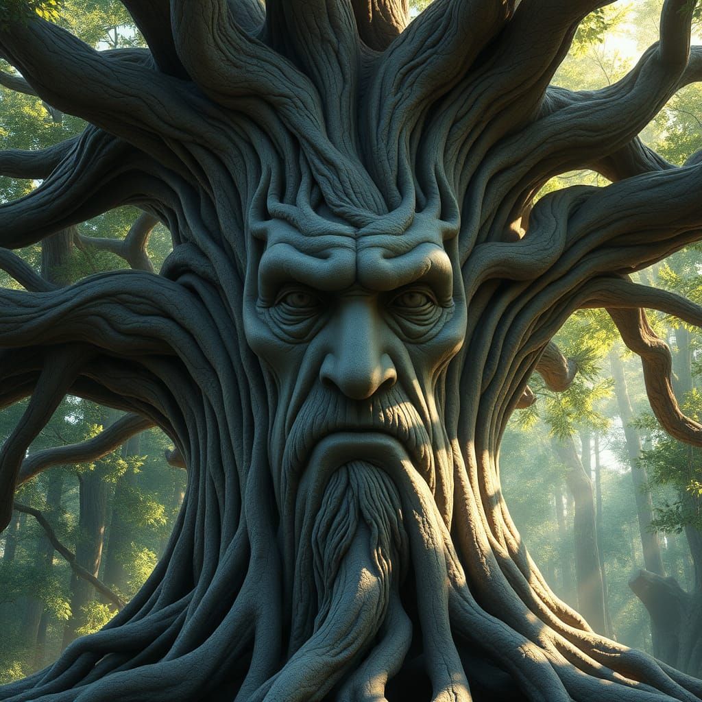 Mystical Tree with Man's Face in Anime Style