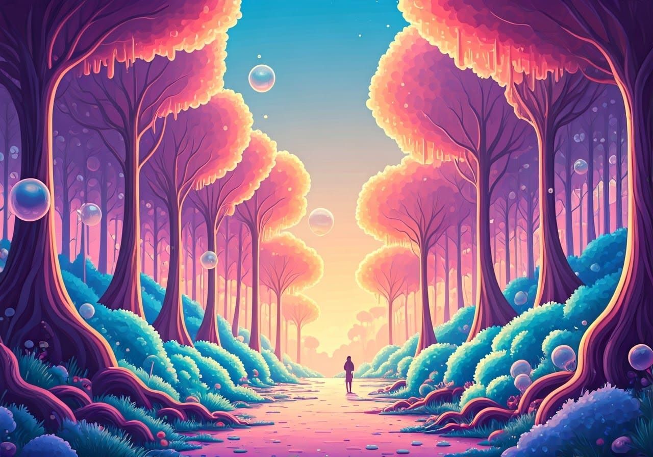 Vibrant Watercolor Forest with Iridescent Bubblegum Trees