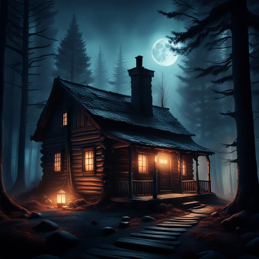 Mystical Cabin in Fog-Shrouded Dark Fantasy Illustration