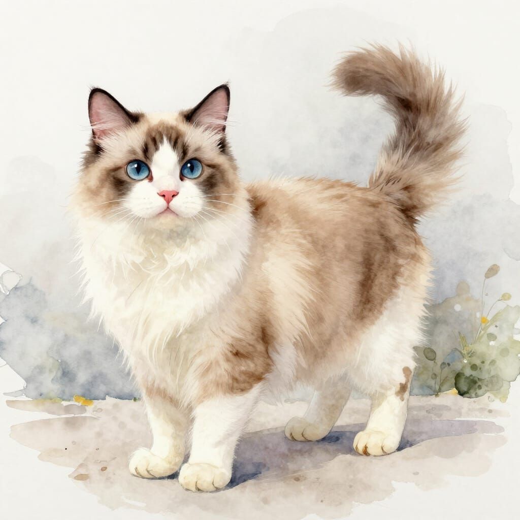 Dog Protects Cat in Watercolor Style