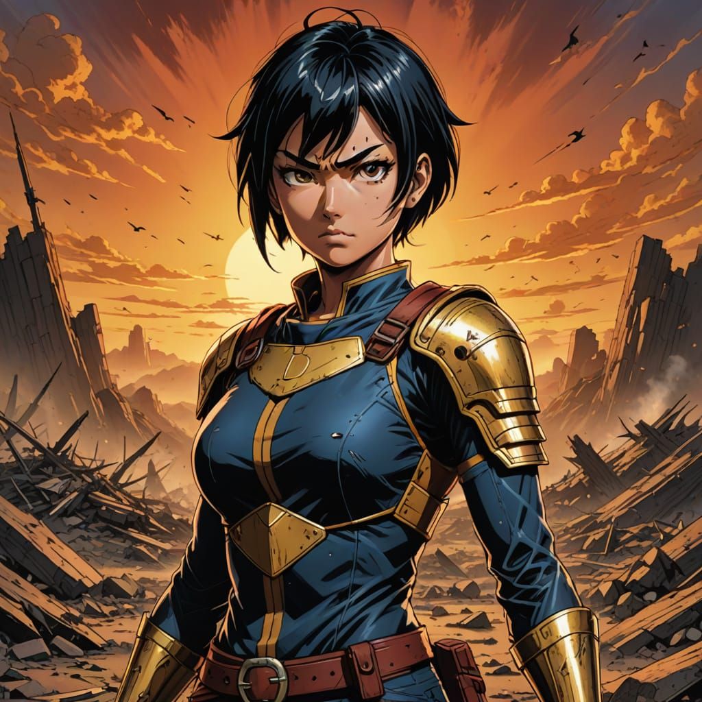Fierce Manga Girl in Battle-Scarred Landscape