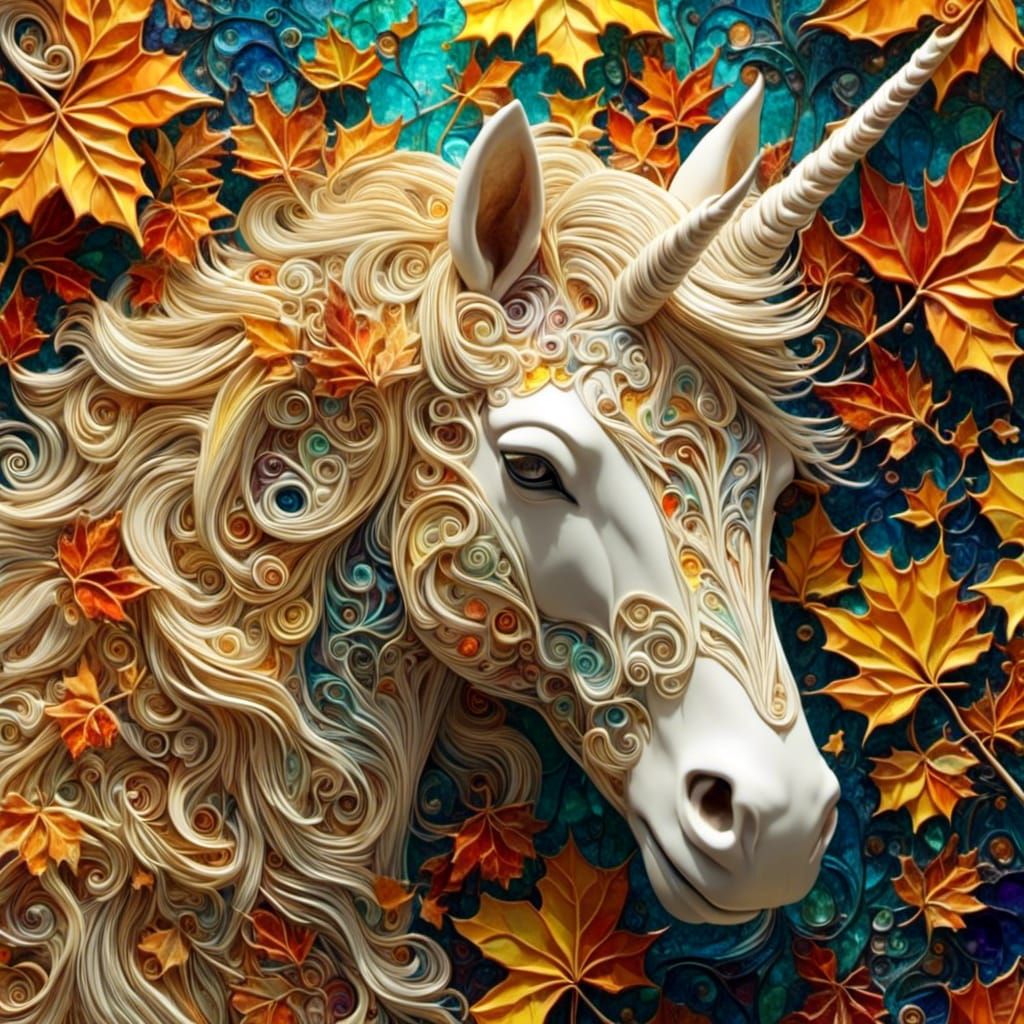 Stained Glass Fall Unicorn in Fractal Art Style