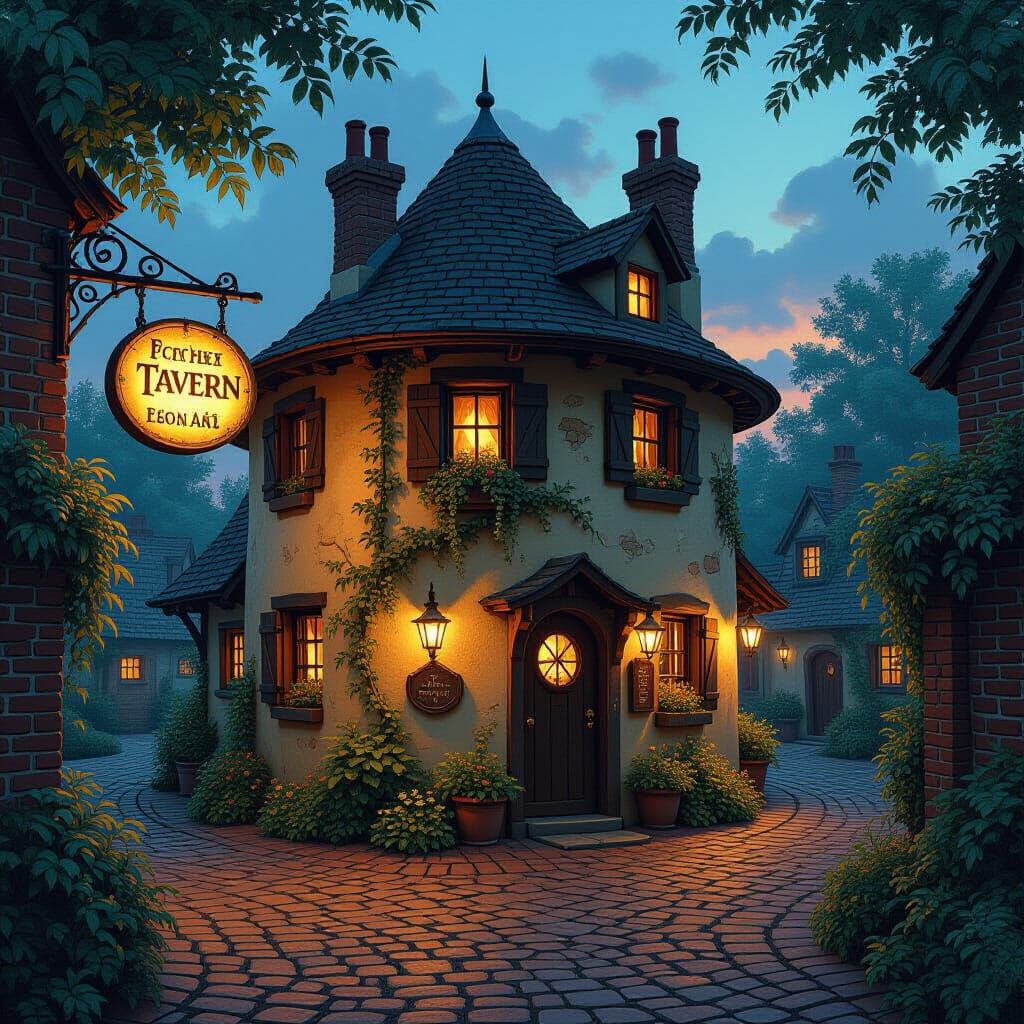 Rustic Tavern at Dusk with Warm Light