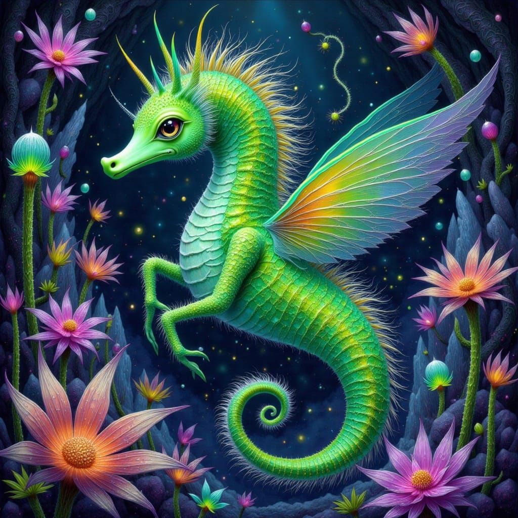 Iridescent Seahorse with Wings in Dreamy Crystal Cave