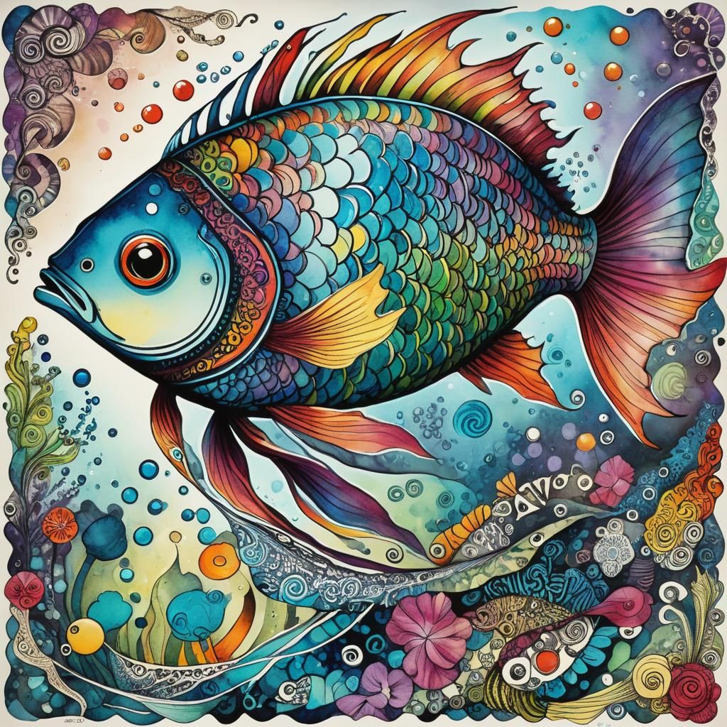 Vivid Ink Zentangle Fish Swimming Through Time