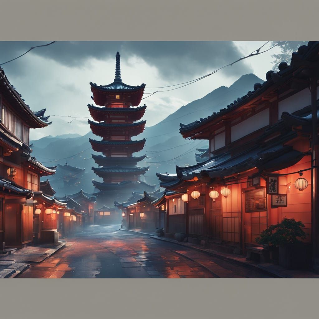 Mystical Kyoto Village at Dusk: Fantasy Concept Art