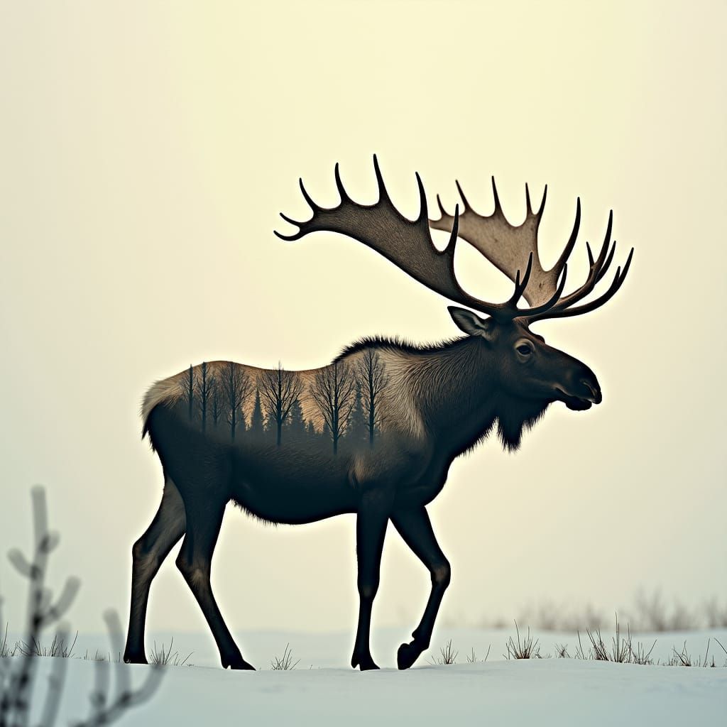 Moose and Poplar Trees in Double Exposure Photograph