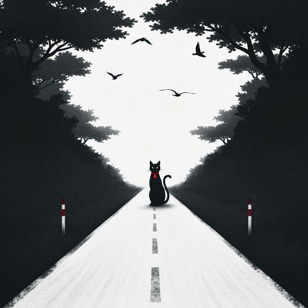 Black Cat on White Road in Ukiyo-e Style