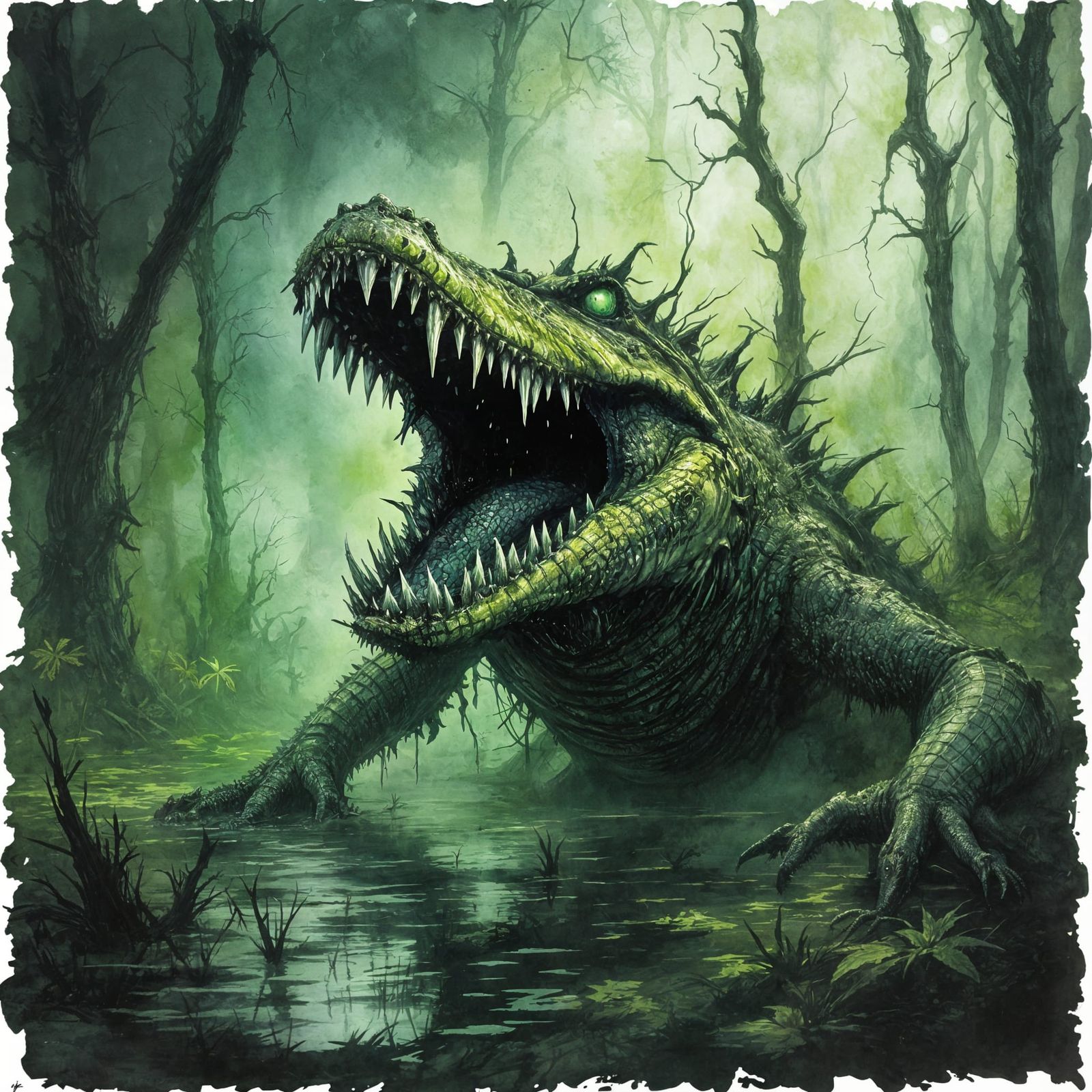 Zombie Crocodile in Haunted Forest, Ink Drawing