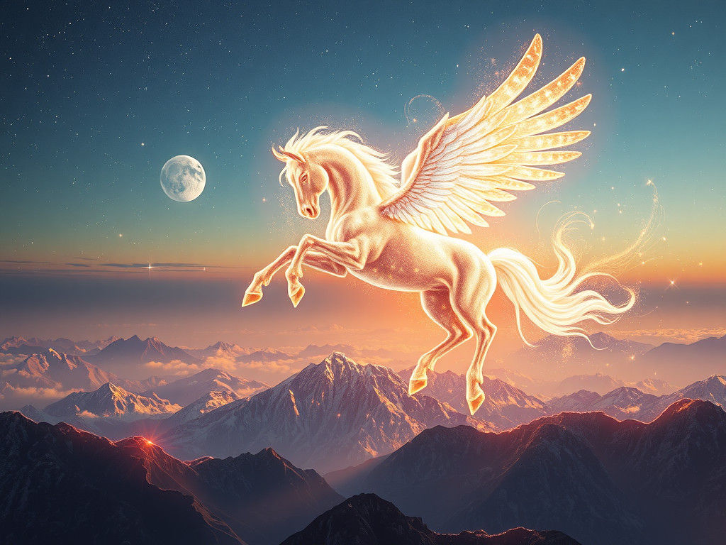 Astral Pegasus Soaring Over Luminous Mountains