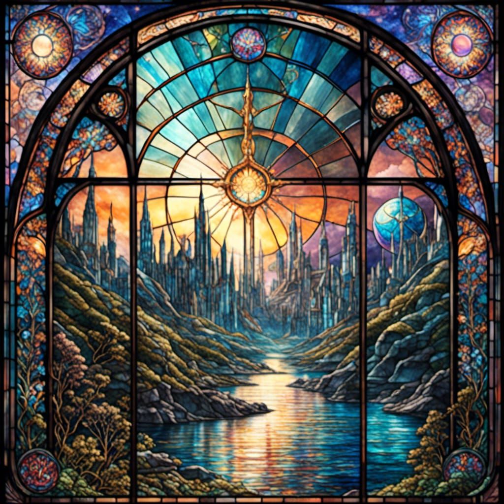 Futuristic City Stained Glass Window at Night