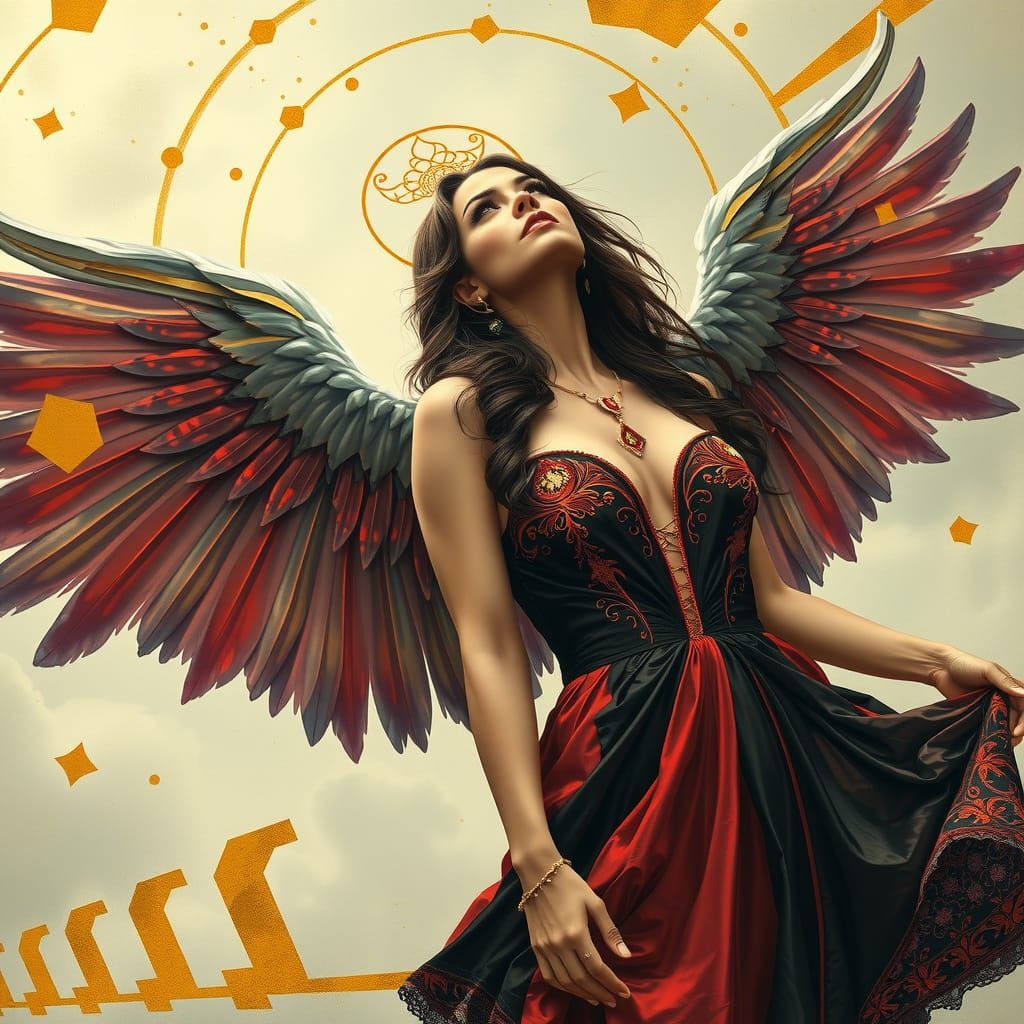Angelic Woman with Wings in Art Nouveau Graffiti Style