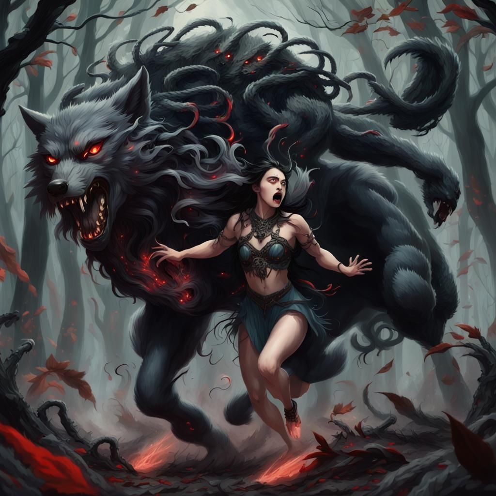 Fearsome Wolf Creature Grasps Woman in Forest Battle