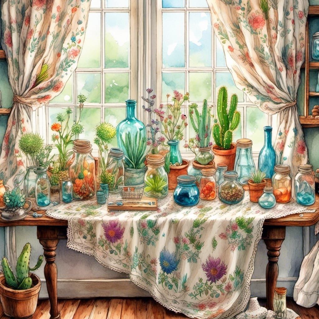 Boho Terrariums at Kitchen Window in Watercolor Style