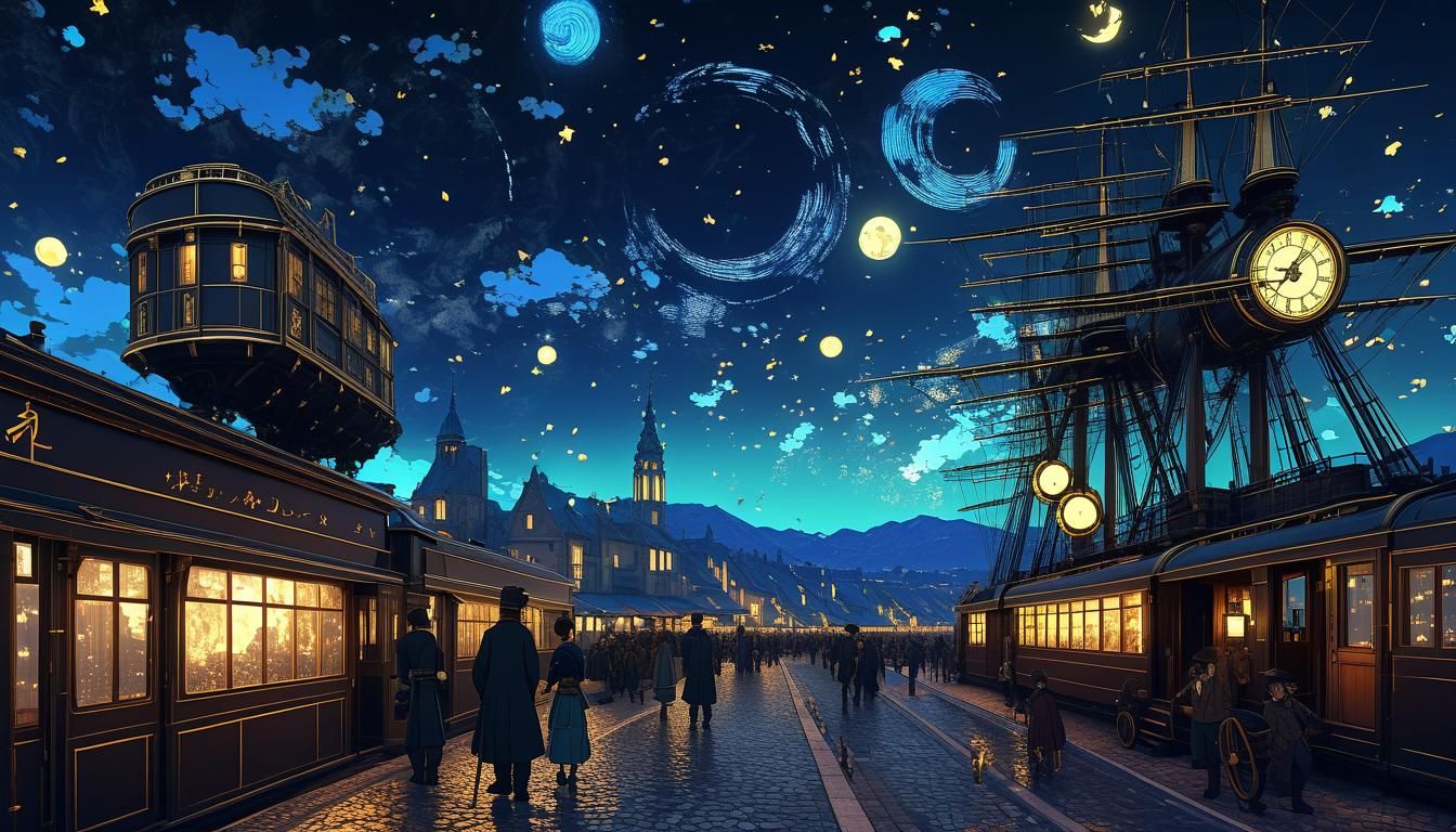 Steampunk Civilization Under Van Gogh Sky